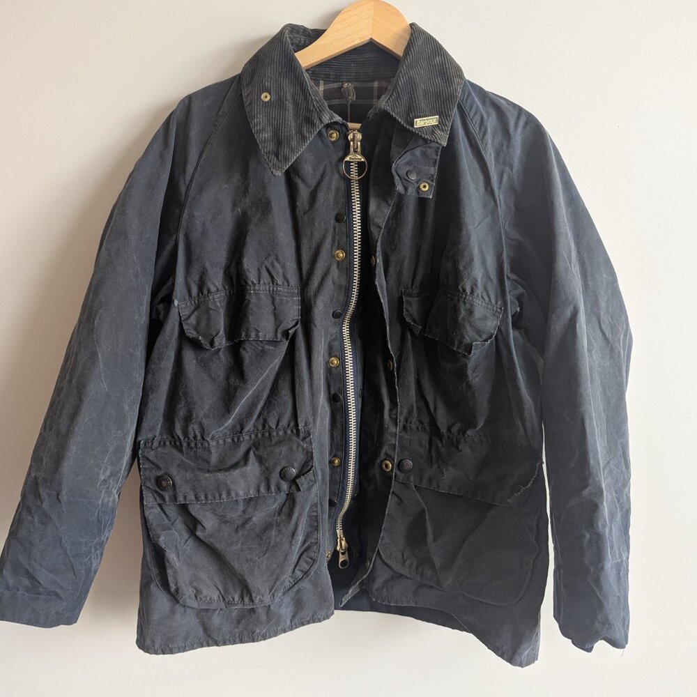 VTG Barbour 4 Pocket Bedale Navy Blue Waxed Jacket 40in Mens Med/Small incl.Hood